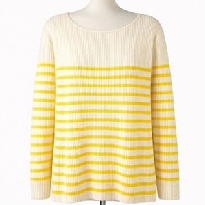 Merino Wool Yellow Striped Boat Neck Sweater Heavy Chunky Knit‎ L Cottagecore